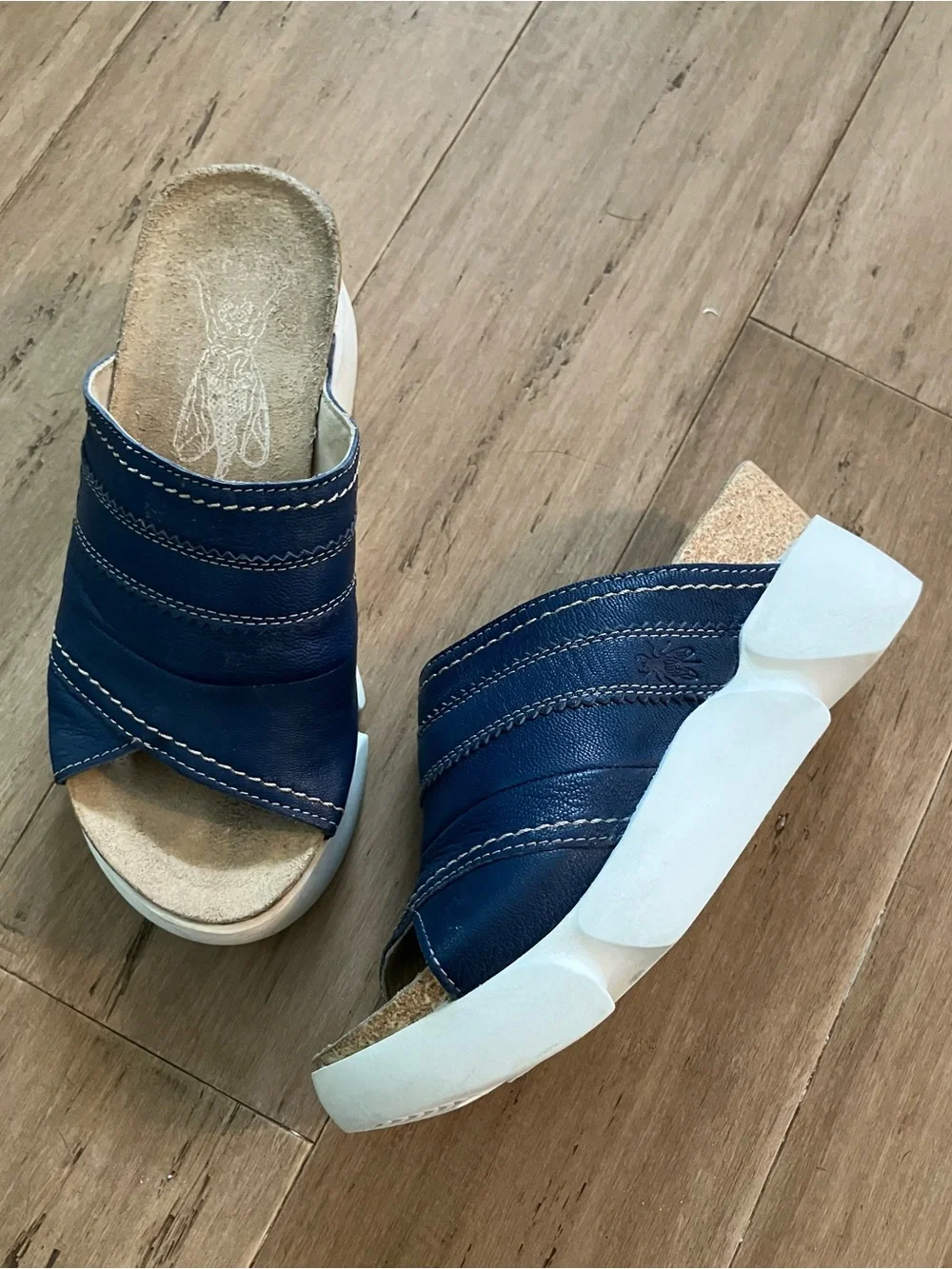 Fly London dark blue leather slide platform sandals. Size 5.5